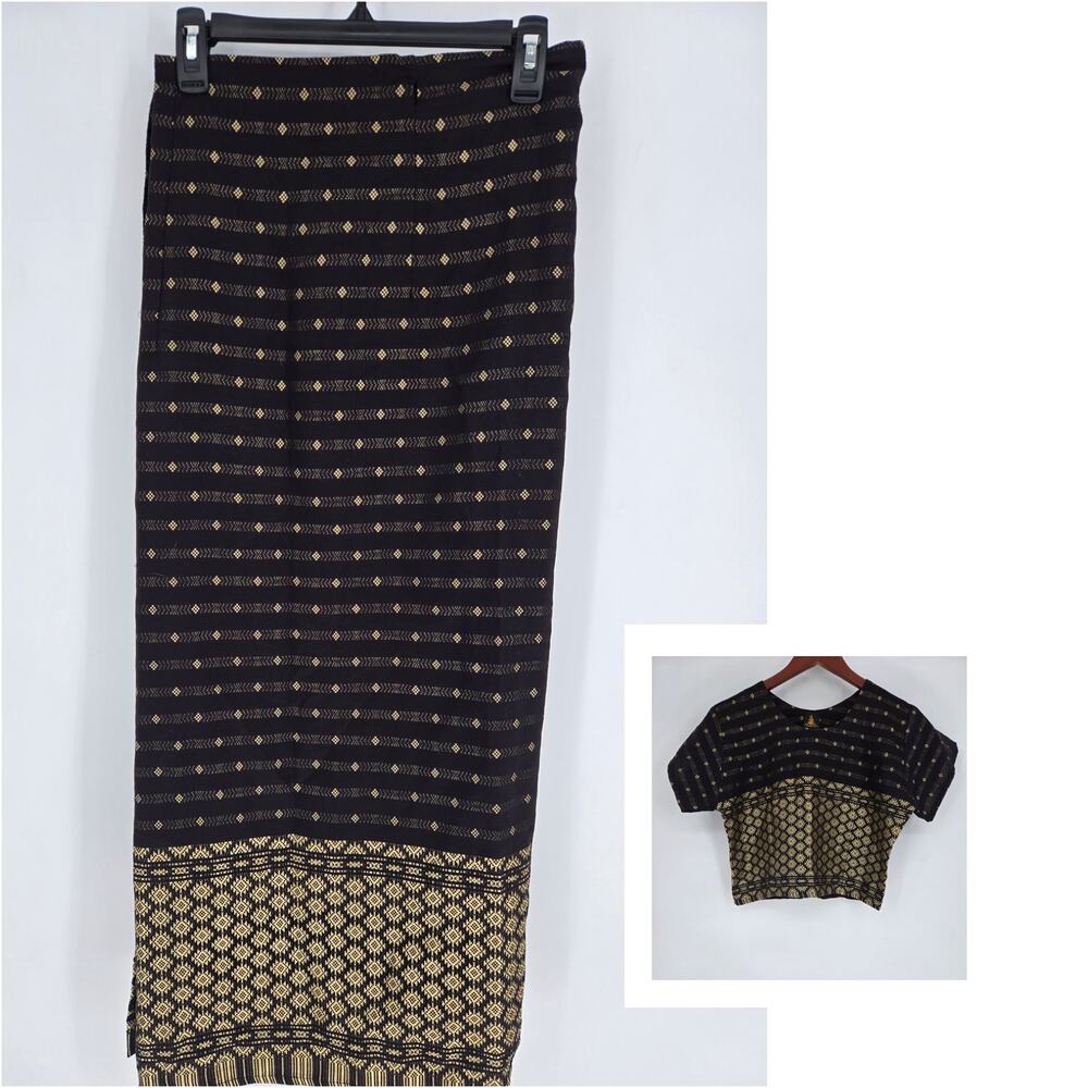Black Gold 100% Thai Silk Rossukon Saree Blouse & Wrap Maxi Skirt